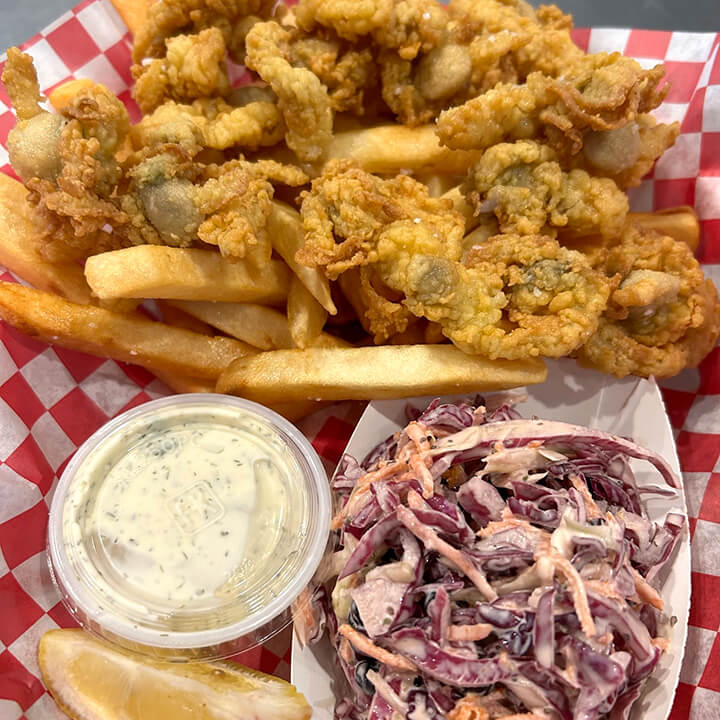 Fried Whole Belly Clams and Blueberry Slaw