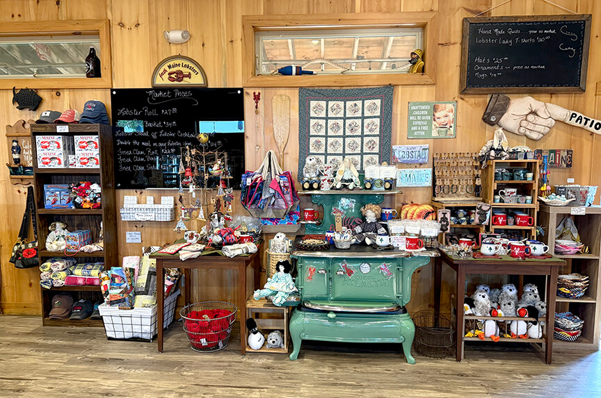 The Maine Lobster Lady has a collection of handmade items crafted by local artists in the restaurant such as quilts, mugs, Maine themed games, stuffed animals and more