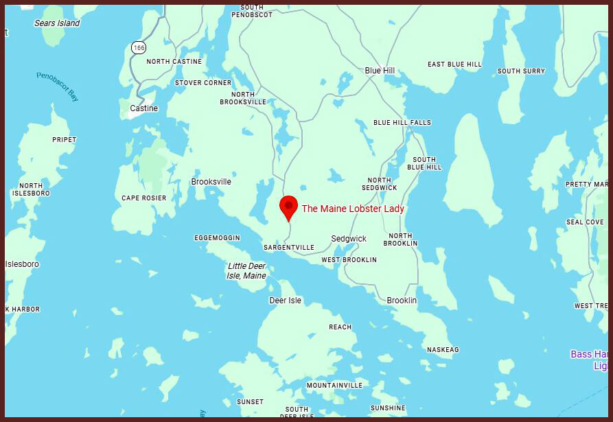 Map showing The Maine Lobster Lady's location in comparison to Penobscot Bay, Deer Isle, Blue Hill, Sedgwick and the surrounding areas.